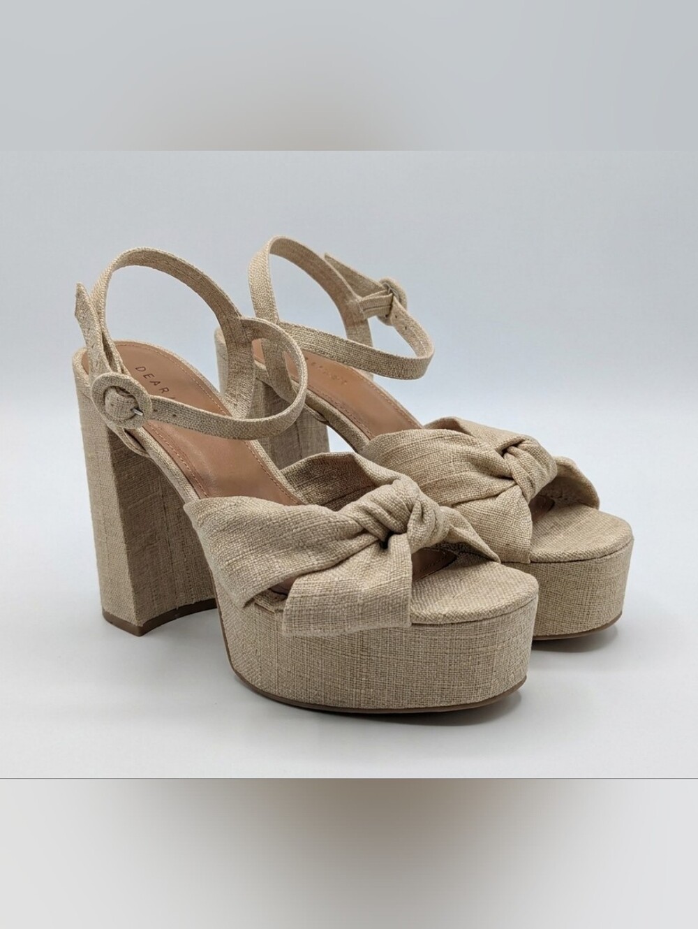 ASOS DESIGN Nude Linen Platform Block Heel Sandals Size 9.5 Ankle Strap